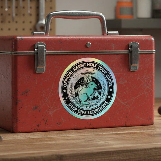 Laptop with a 'Rabbit Hole Tour Guide' sticker on a wooden desk