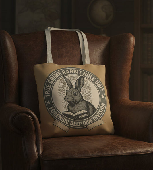 Tote bag with rabbit illustration and text on a beige background