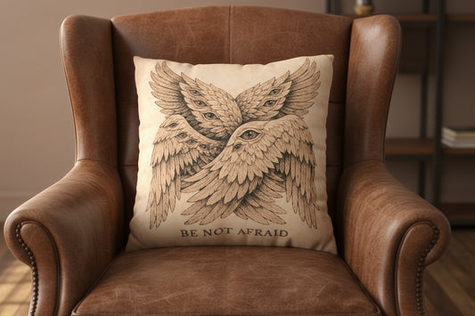 Decorative pillow with 6 winged angel and 'Be Not Afraid' text on a textured background