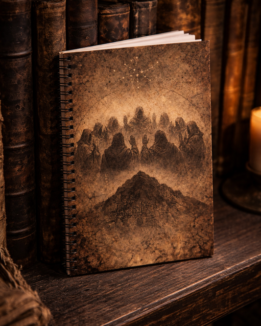 Vintage book with mountain illustration on a wooden shelf