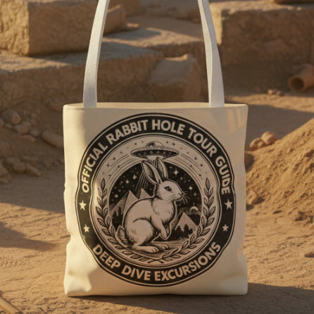 Tote bag with rabbit design and text on a white background