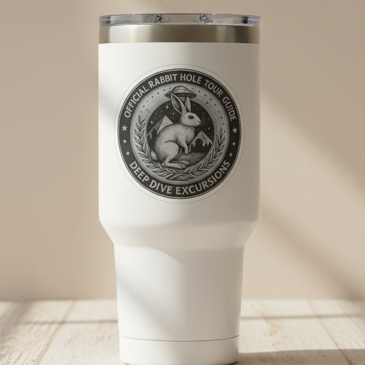 Circular logo with a rabbit and text 'Official Rabbit Hole Tour Guide Deep Dive Excursions' on a tumbler cup